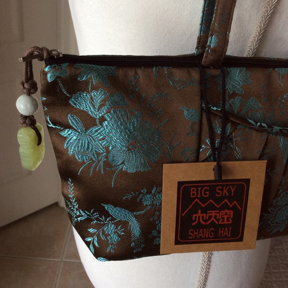 LAST 1! NEW 100% Silk Shoulder Purse Brown Aqua Birds Floral Big Sky Shanghai - Picture 3 of 8
